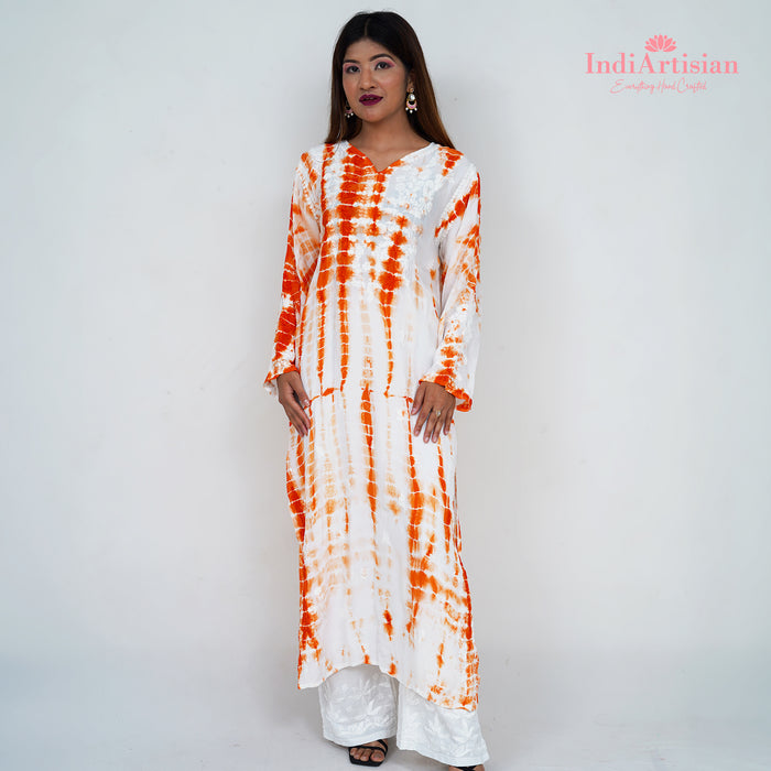 Handwork Chikankari Straight Kurti in Crepe Orange Tie and Die