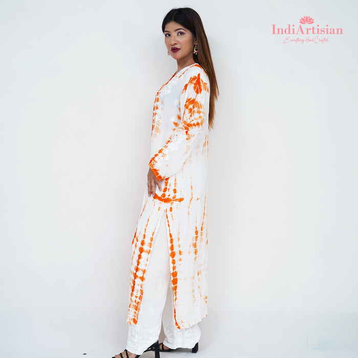 Handwork Chikankari Straight Kurti in Crepe Orange Tie and Die