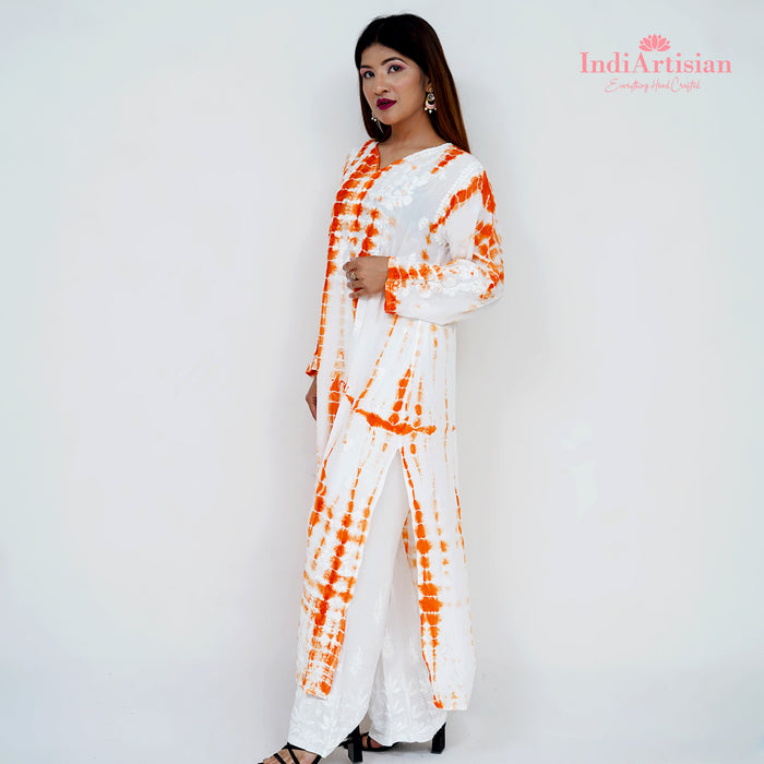 Handwork Chikankari Straight Kurti in Crepe Orange Tie and Die