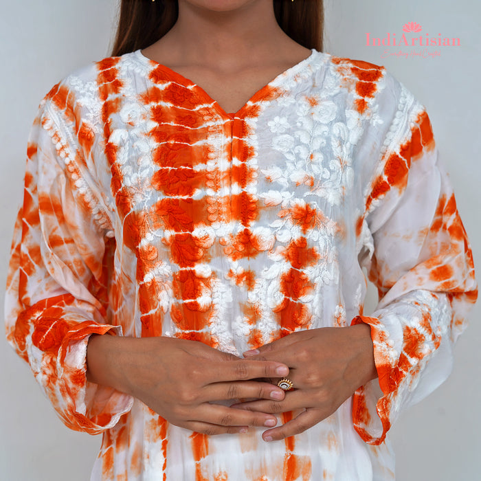 Handwork Chikankari Straight Kurti in Crepe Orange Tie and Die