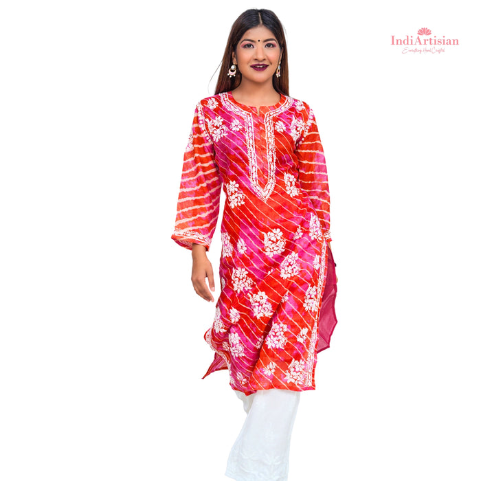 Chikan Leheriya Kota Cotton Straight Kurta in Deep Pink & Red