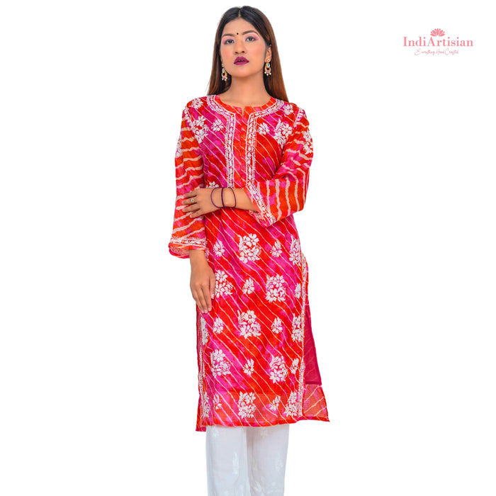 Chikan Leheriya Kota Cotton Straight Kurta in Deep Pink & Red