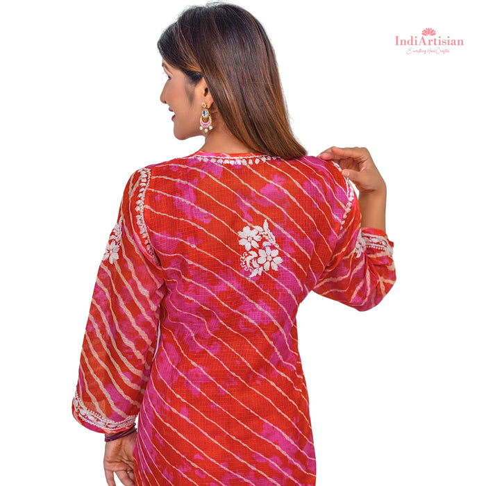 Chikan Leheriya Kota Cotton Straight Kurta in Deep Pink & Red