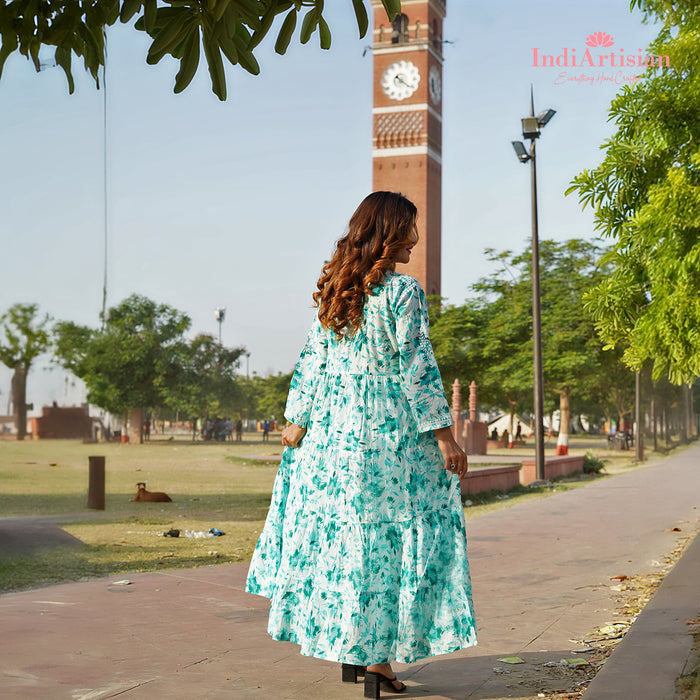 Chikan Floral Gown Kurti Mal Mal Cotton Fabric in Green