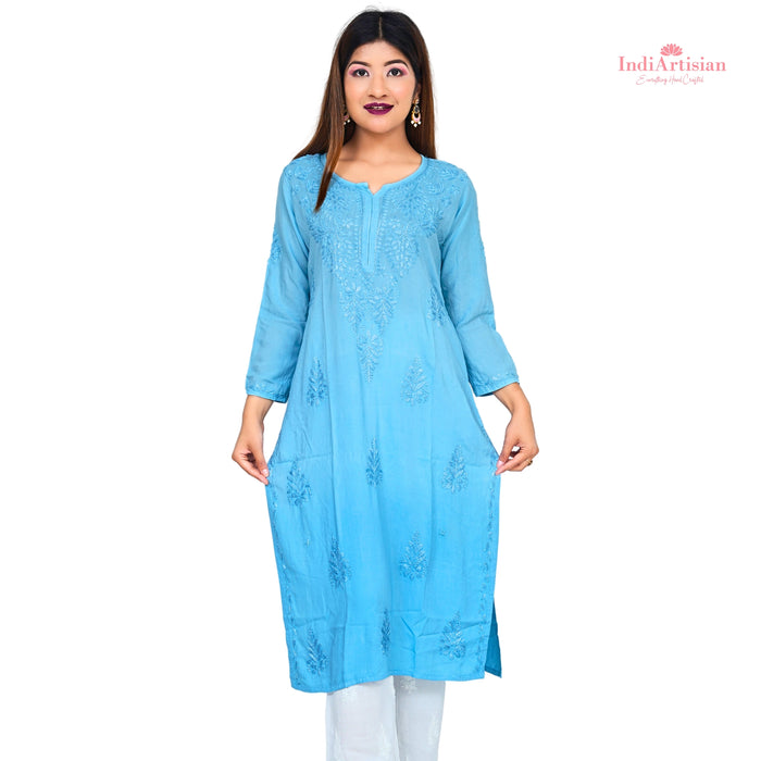 Chikankari Modal Straight Kurta in Ombre Blue