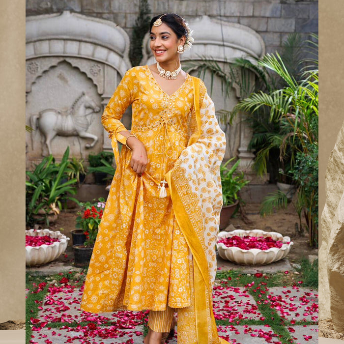 Jaipuri Cotton Anarkali Kurti Pants & Dupatta Set in Marigold Yellow