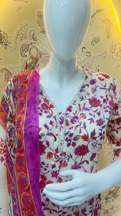 Jaipuri Cotton Straight Kurti with Afghani Pants & Dupatta Set in Floral Pink