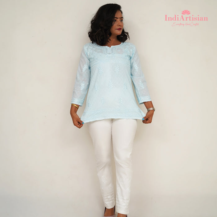 Chikankari Short Kurti in Cotton Fabric in Sky Blue