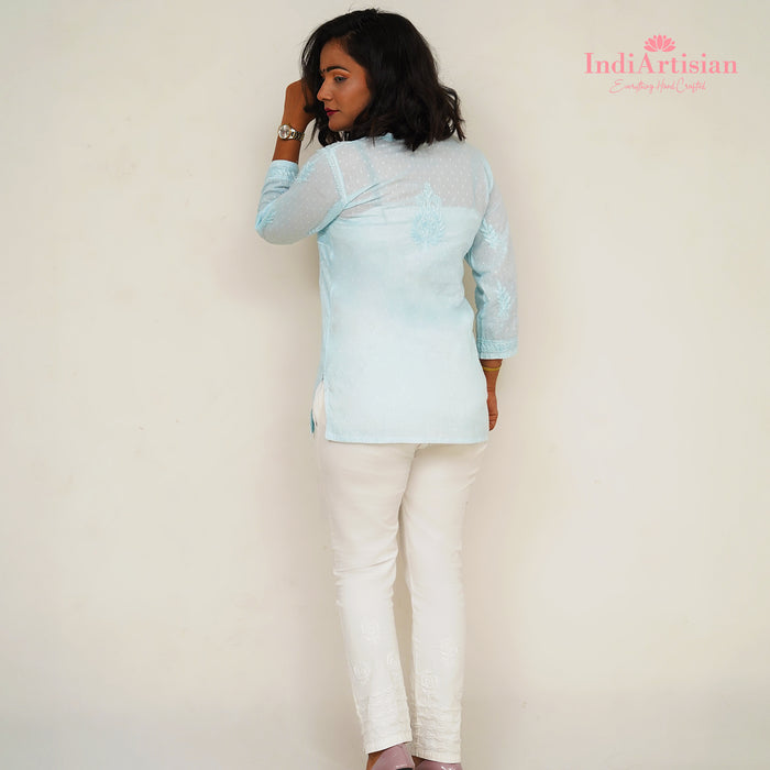 Chikankari Short Kurti in Cotton Fabric in Sky Blue