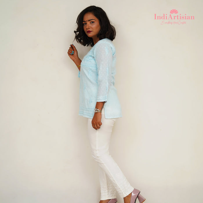 Chikankari Short Kurti in Cotton Fabric in Sky Blue