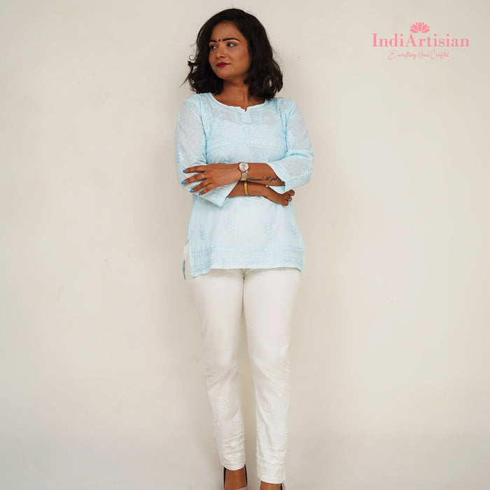 Chikankari Short Kurti in Cotton Fabric in Sky Blue