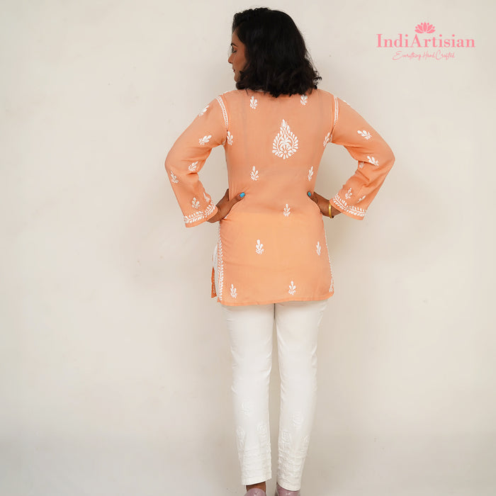 Chikankari Short Kurti in Modal Fabric in Peach