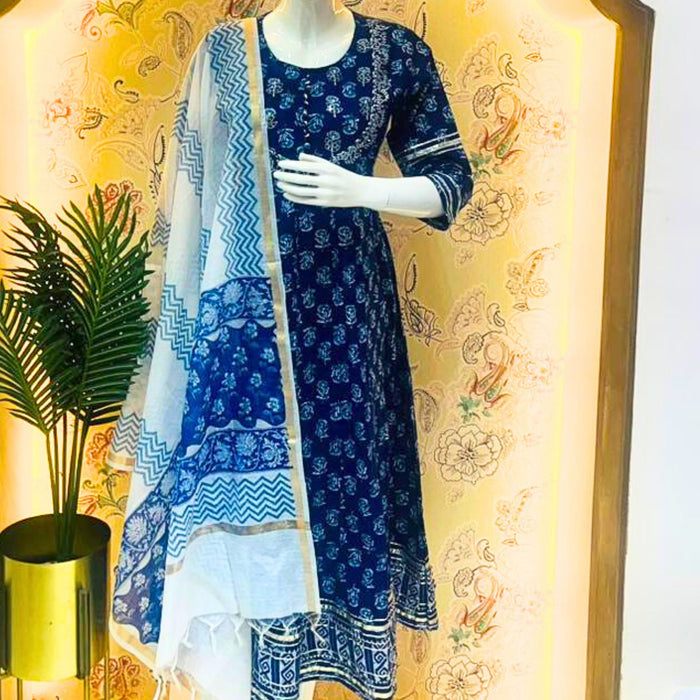 Jaipuri Cotton Kurta in Powder Blue. Comes with Pants and Cotton Dupatta –  Amitha Fashions