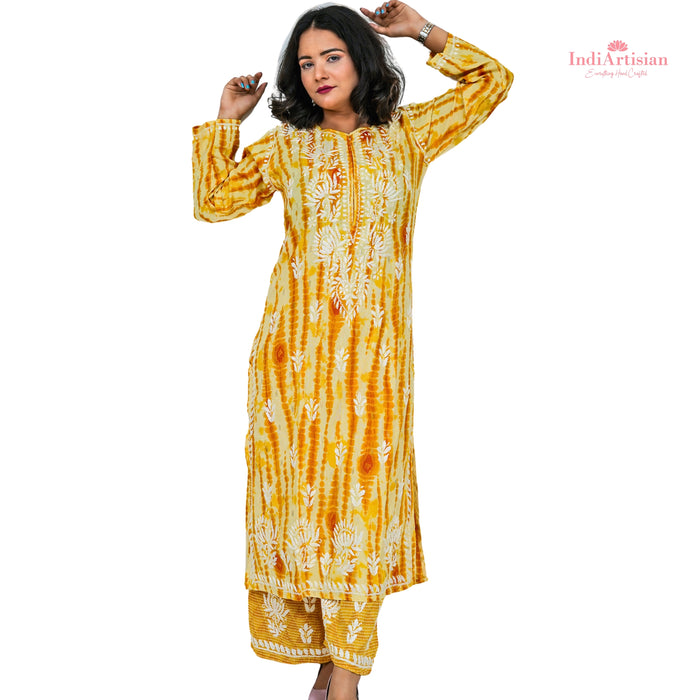 Chikankaari Rayon Slub Straight Kurta & Palazzo Pants Set in Yellow