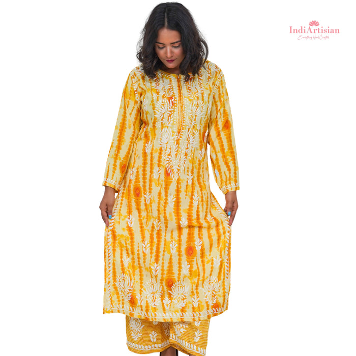 Chikankaari Rayon Slub Straight Kurta & Palazzo Pants Set in Yellow