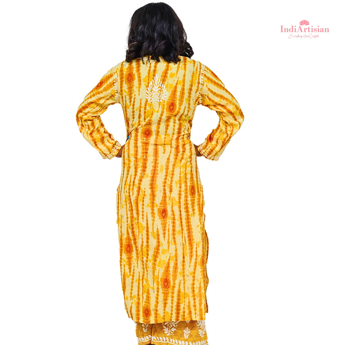 Chikankaari Rayon Slub Straight Kurta & Palazzo Pants Set in Yellow