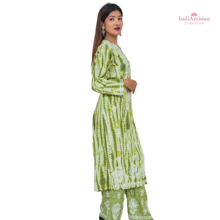 Chikankaari Rayon Slub Straight Kurta & Palazzo Pants Set in Green