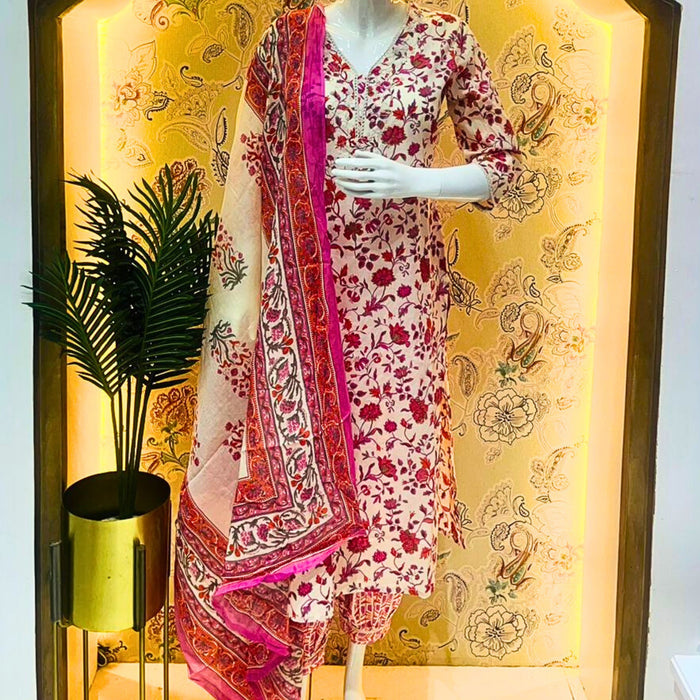 Jaipuri Cotton Straight Kurti with Afghani Pants & Dupatta Set in Floral Pink