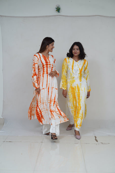 Handwork Chikankari Straight Kurti in Crepe Orange Tie and Die