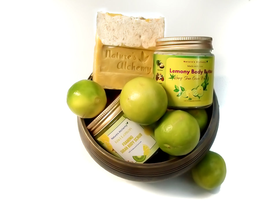 Lemony Lemon Skin Pampering Gift Set for Someone You Love or Self Love - Soap, Scrub & Body Butter