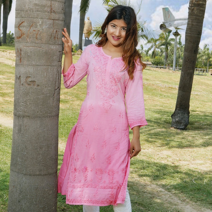 Chikankaari Modal Straight Kurti in Ombre Pink