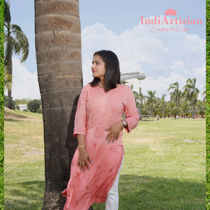 Chikankaari Modal Straight Kurti in Ombre Peach