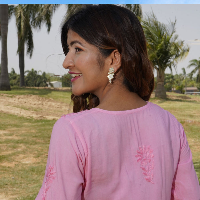 Chikankaari Modal Straight Kurti in Ombre Pink