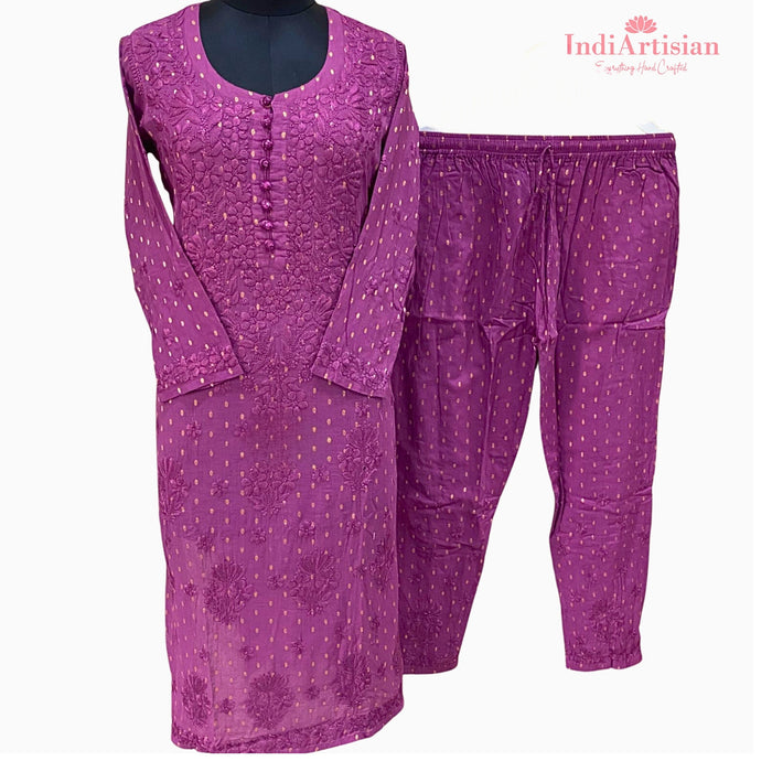 Chikankari Mal Mal Kurti with Palazzo Pants in Magenta Pink