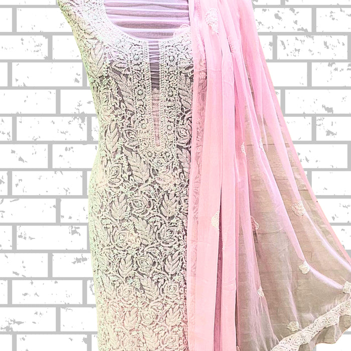 Chikankari in Chiffon Georgette unstitched - Kurta, Salwar & Chunni Set in Baby Pink