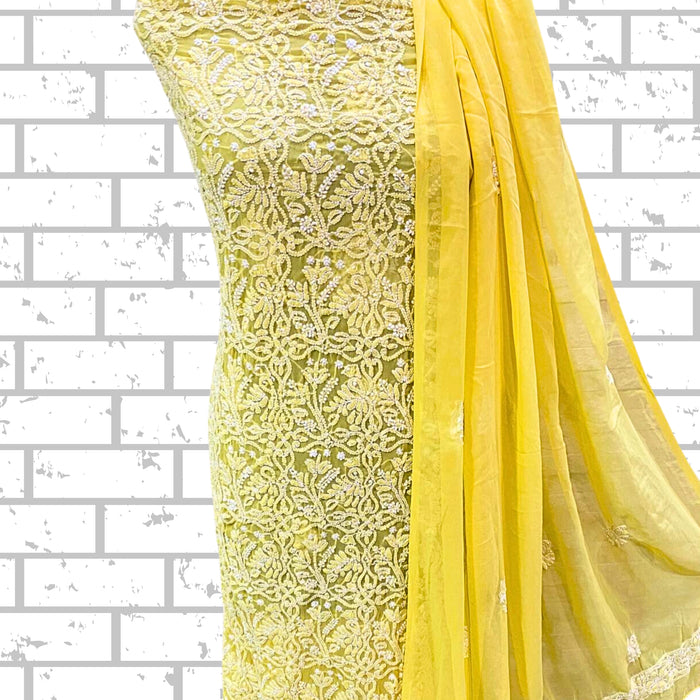 Chikankari in Chiffon Georgette unstitched - Kurta, Salwar & Chunni Set in Yellow