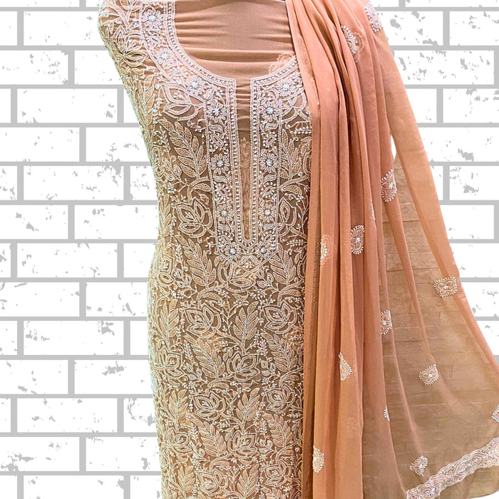 Chikankari in Chiffon Georgette unstitched - Kurta, Salwar & Chunni Set in Peach