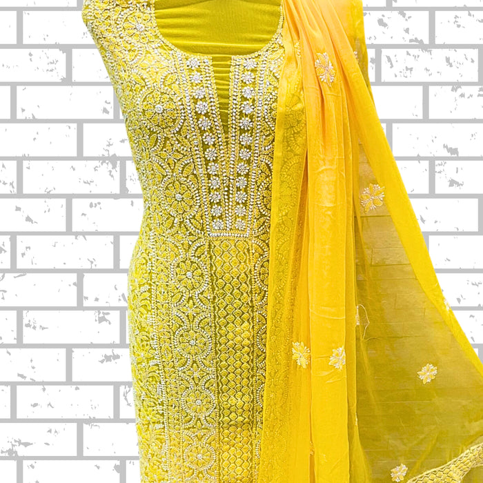 Chikankari in Chiffon Georgette unstitched - Kurta, Salwar & Chunni Set in Bright Yellow