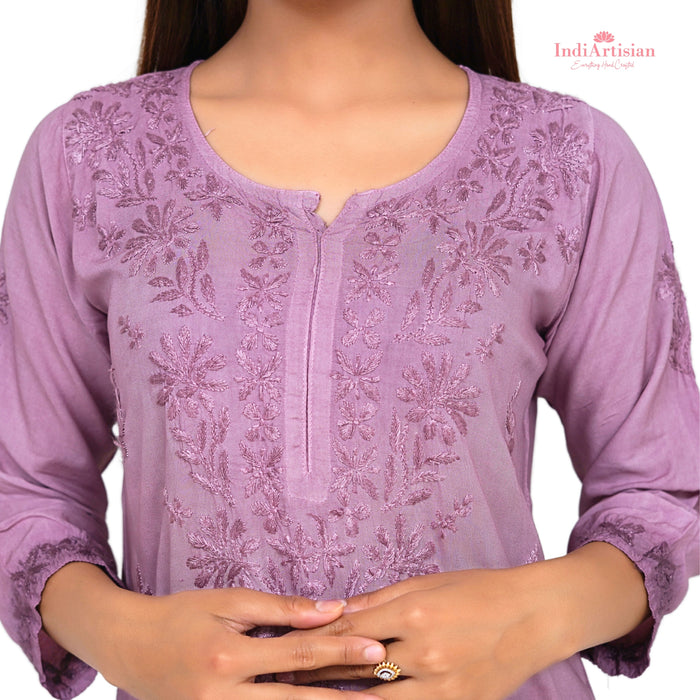 Chikankari Modal Straight Kurti in Mauve