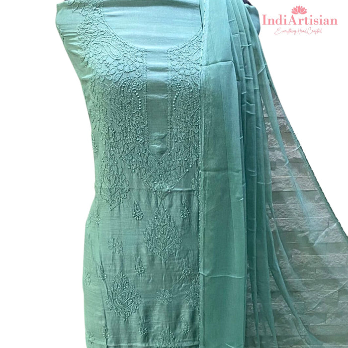 Chikankari in Fine Muslin Cotton unstitched - Kurta, Salwar & Chunni Set in Turquoise Green