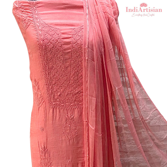 Chikankari in Fine Muslin Cotton unstitched - Kurta, Salwar & Chunni Set in Dark Pink