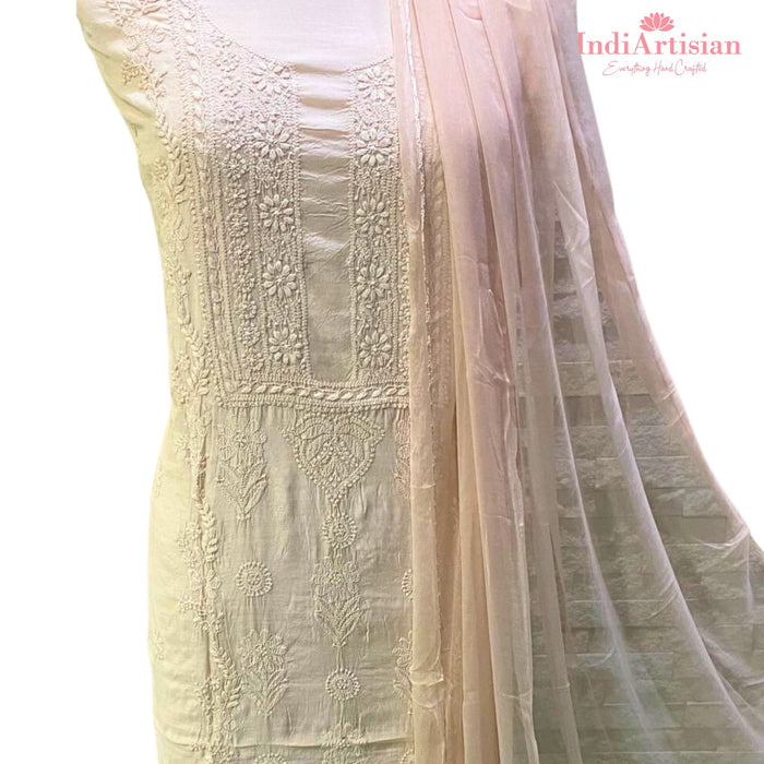 Chikankari in Fine Muslin Cotton unstitched - Kurta, Salwar & Chunni Set in Dark Pink