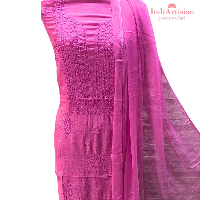 Chikankari in Fine Muslin Cotton unstitched - Kurta, Salwar & Chunni Set in Pink