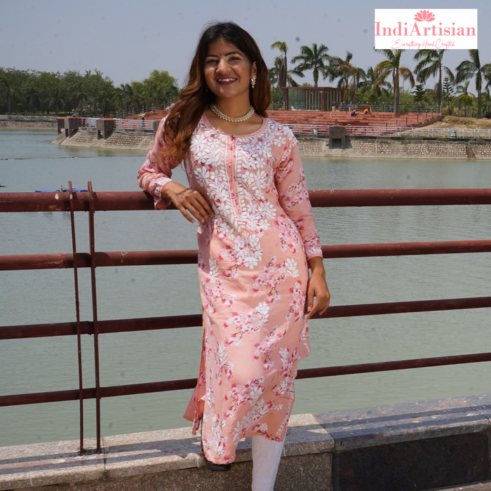 Chikan Floral Straight Kurti Soft Cotton Fabric Peach