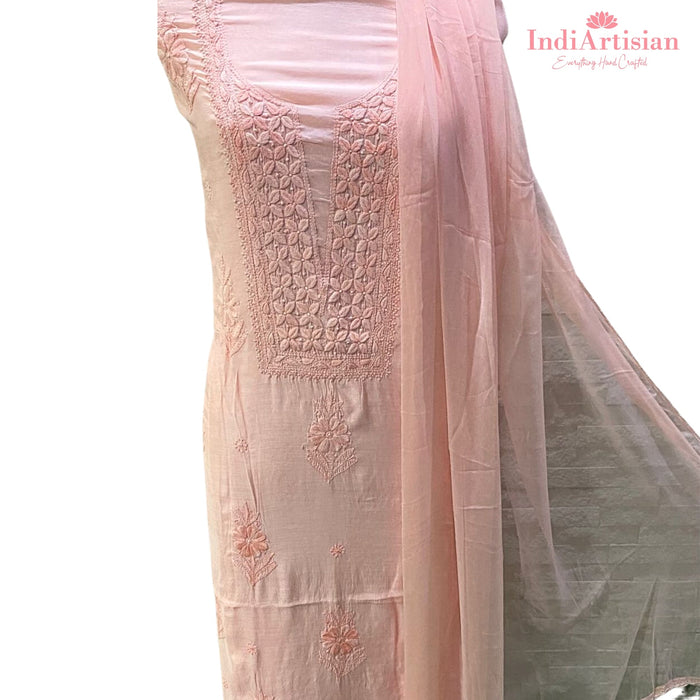 Chikankari in Fine Muslin Cotton unstitched - Kurta, Salwar & Chunni Set in Pink