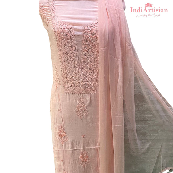 Chikankari in Fine Muslin Cotton unstitched - Kurta, Salwar & Chunni Set in Dark Pink