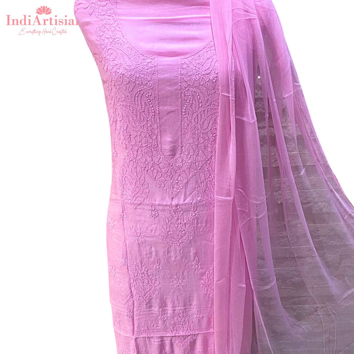 Chikankari in Fine Muslin Cotton unstitched - Kurta, Salwar & Chunni Set in Light Pink