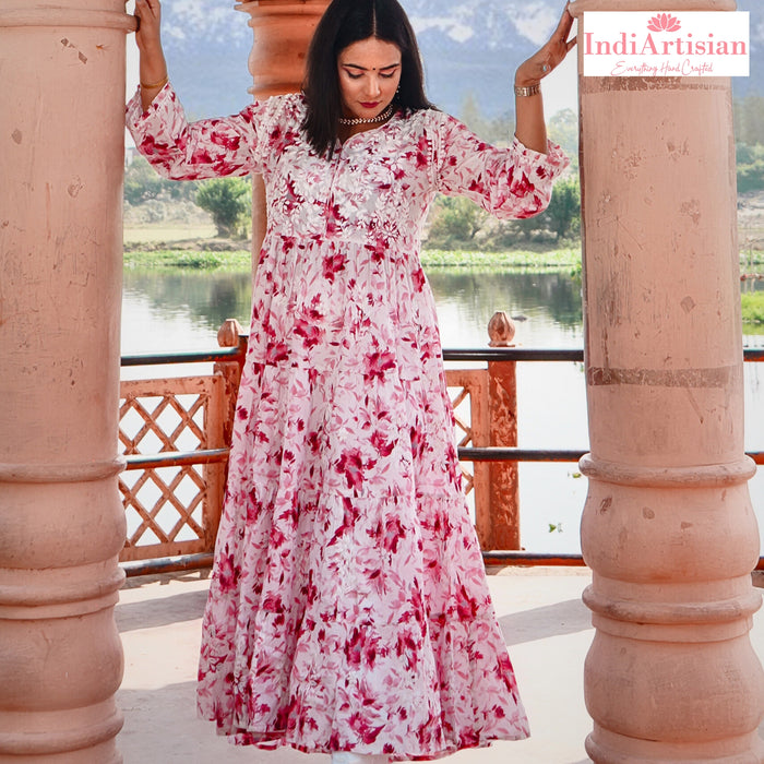 Chikan Floral Gown Kurti Mal Mal Cotton Fabric in Pink
