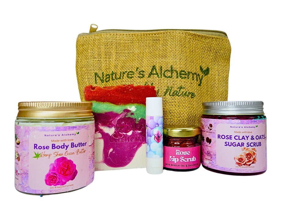 Nature's Alchemy Complete Rose Skincare Set with Jute Bag