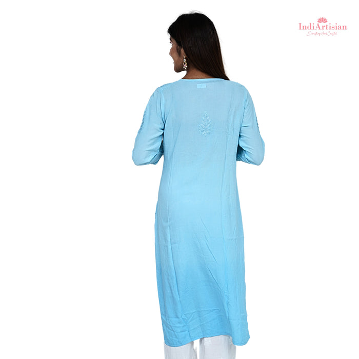 Chikankari Modal Straight Kurta in Ombre Blue