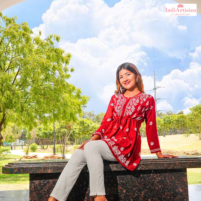 Red Georgette Lucknowi Chikankari Kurta For Women