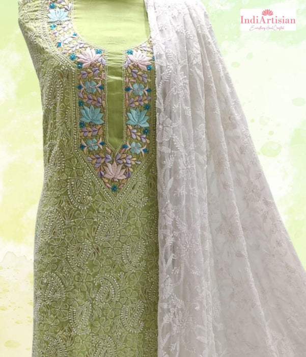 Chikankari with Parsi work Cotton unstitched Kurta and Chunni Set in Lime Green