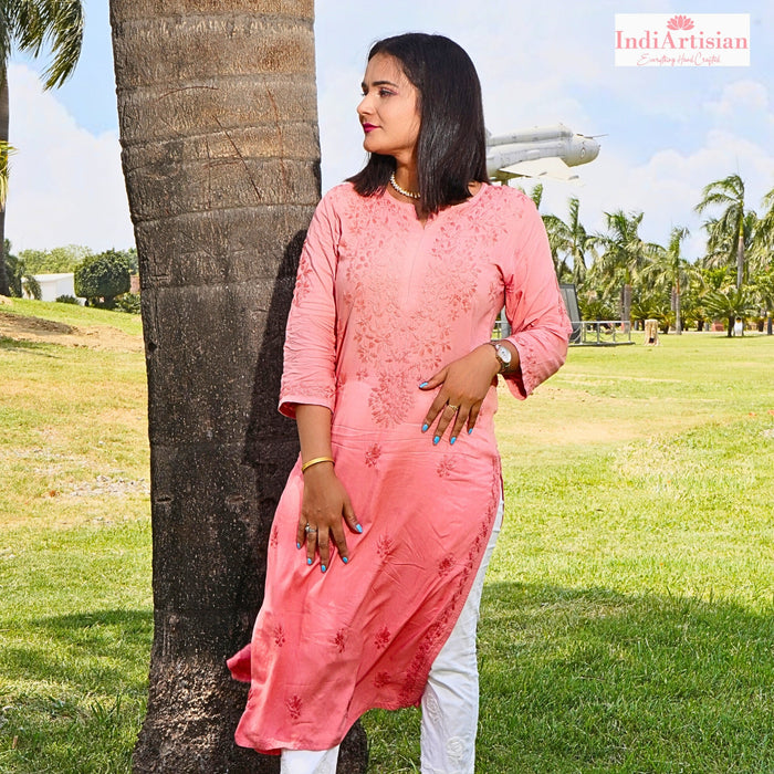 Chikankaari Modal Straight Kurti in Ombre Peach