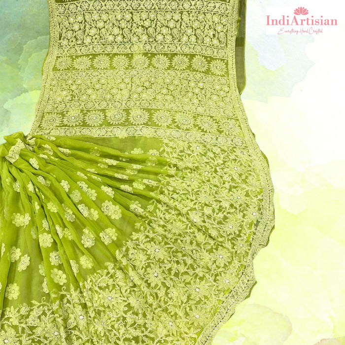 Intricate Chikan Jaal Georgette Saree in Lemon Green