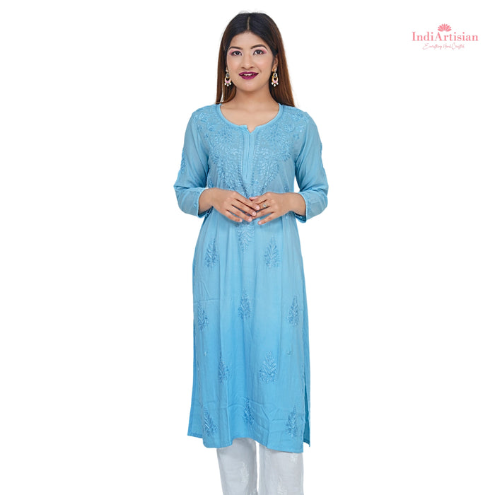 Chikankari Modal Straight Kurta in Ombre Blue