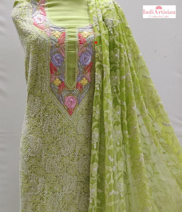 Chikankari with Parsi work Cotton unstitched Kurta & Chunni in Light Green